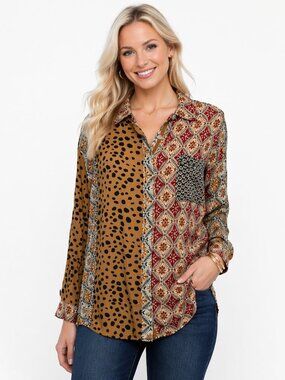 TRU LUXE Jeans Boho Patchwork Blouse Women's  Lightweight Shirt Top Size XL